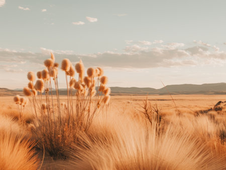 pampas grasses in the desert with mountains in the backgroundの素材