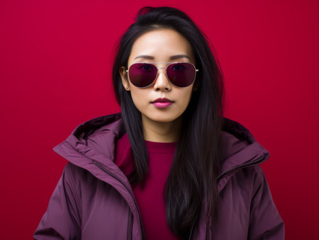 portrait of beautiful asian woman wearing sunglasses on red backgroundの素材