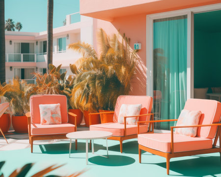 pink and turquoise chairs sit on the patio of a hotelの素材
