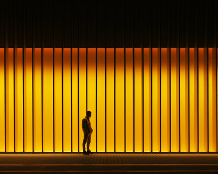silhouette of a man standing in front of a yellow wallの素材