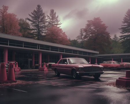 pink cars parked in a parking lot on a rainy dayの素材