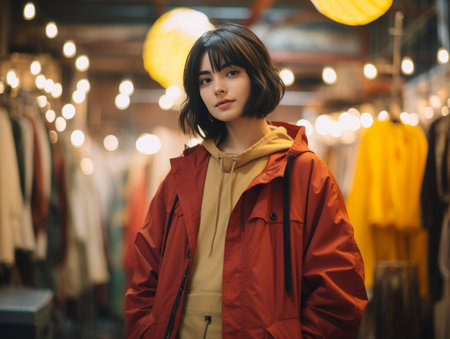 portrait of asian woman in red jacket standing in a clothing storeの素材