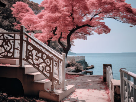 pink tree on the side of a stairway near the oceanの素材