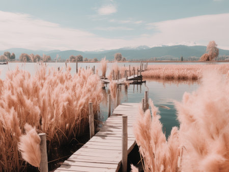 pink pampas grass on a dock in the middle of a lake with mountains in the backgroundの素材