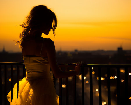 silhouette of a woman in a yellow dress looking out over the city at sunsetの素材