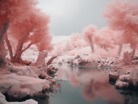 pink trees are reflected in the water of a riverの素材