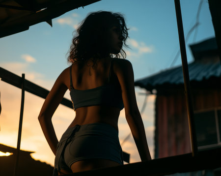 silhouette of a woman standing on a balcony at sunsetの素材