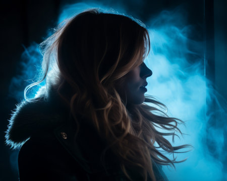 silhouette of a woman with smoke coming out of her mouthの素材