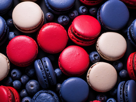 many red white and blue macarons on a black backgroundの素材