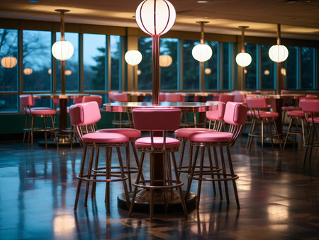 pink bar stools in a restaurantの素材
