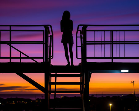 silhouette of a woman standing on the edge of a pier at sunsetの素材