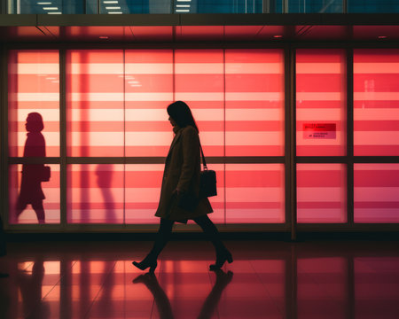 silhouette of a woman walking in an airportの素材