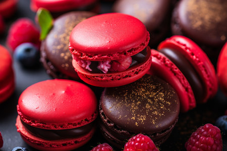 red macarons with chocolate and berries on a black backgroundの素材