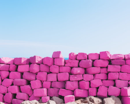 pink wall with blue sky backgroundの素材