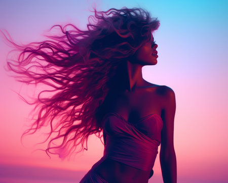 silhouette of a beautiful woman with long hair at sunsetの素材