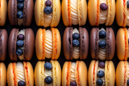 many macarons are arranged in a pattern on a black backgroundの素材