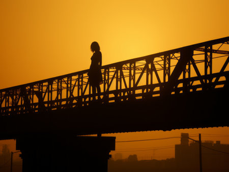 silhouette of a person on a bridge at sunsetの素材
