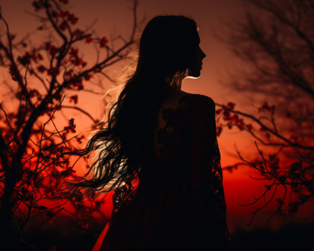 the silhouette of a woman in a red dress at sunsetの素材