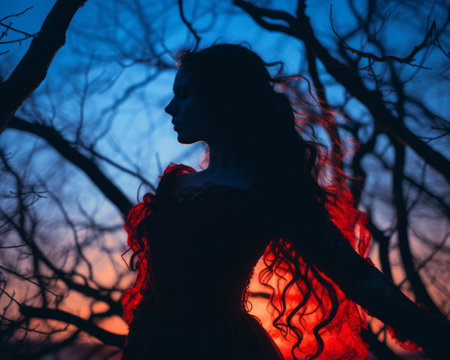 the silhouette of a woman in a red dress standing in front of trees at sunsetの素材