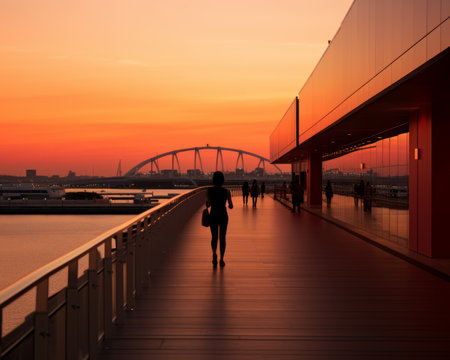 silhouette of a woman walking on a wooden walkway at sunsetの素材
