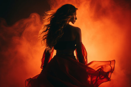 the silhouette of a woman in a red dressの素材