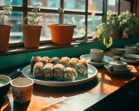 sushi rolls on a table in front of a windowの素材