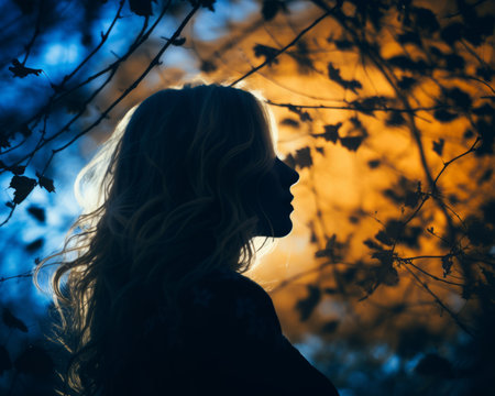 the silhouette of a woman in the woodsの素材