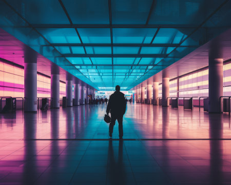 silhouette of a man walking through an airportの素材