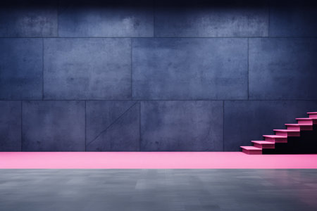 pink stairs in a dark room with concrete wallsの素材