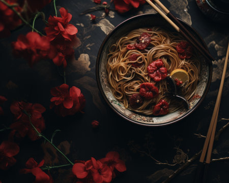 noodles with red flowers and chopsticks on a black backgroundの素材