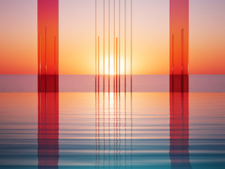 the sun is setting over the ocean and there are several lines in the waterの素材