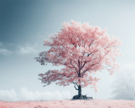 a pink tree in the middle of a fieldの素材