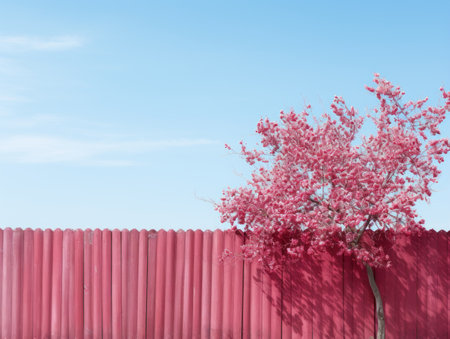 a pink fence with a tree in front of itの素材