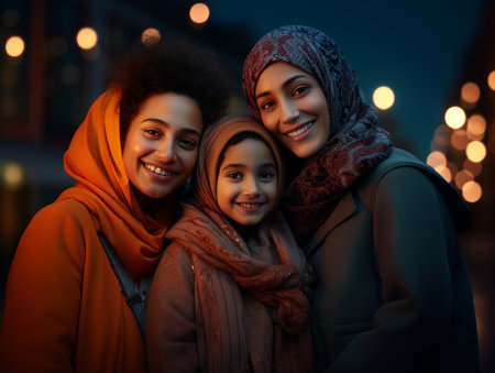 three muslim women posing for a photo in front of lightsの素材