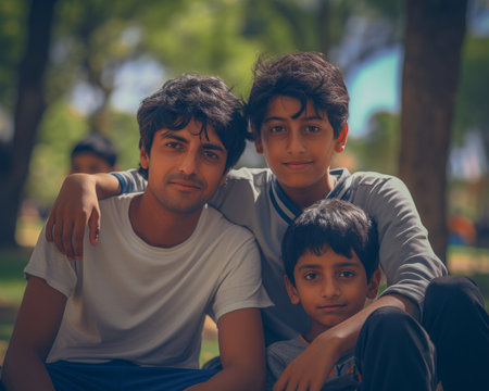 three boys sitting on the groundの素材