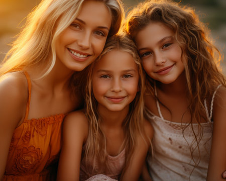 three young girls are posing for a photo with the sun in the backgroundの素材