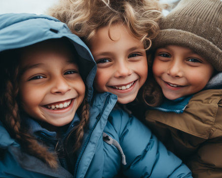 three smiling children in winter clothes posing for the cameraの素材