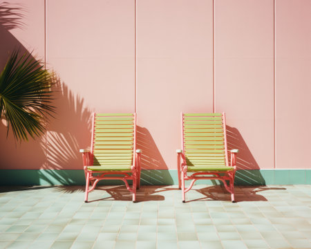 two lawn chairs sit against a pink wallの素材