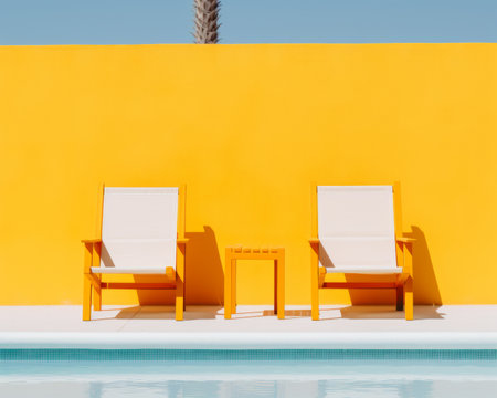 two lounge chairs near a pool with a yellow wallの素材