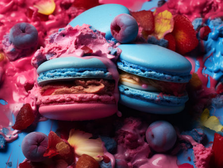 three macarons on a blue and pink backgroundの素材