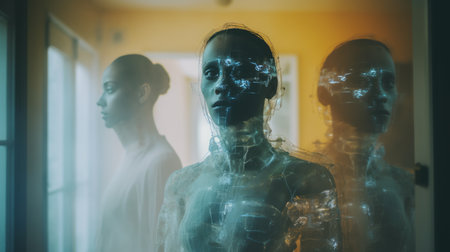 two people are standing in front of a mirrorの素材
