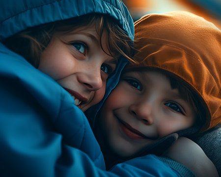 two young children are smiling and hugging each otherの素材