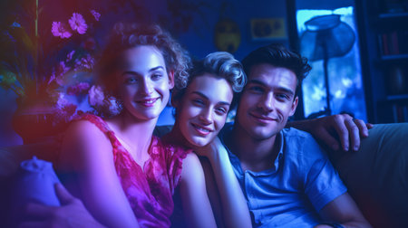 three people sitting on a couch with a purple light behind themの素材