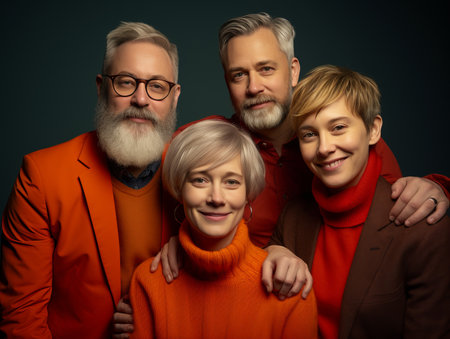 three older men and a woman wearing orange sweatersの素材