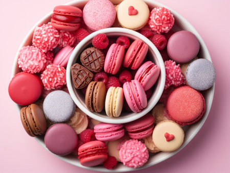 various macarons in a bowl on a pink backgroundの素材