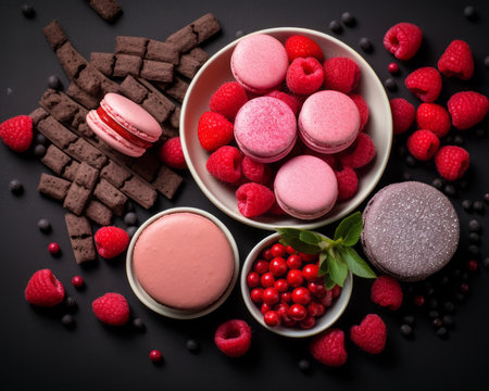 various macarons and raspberries on a black backgroundの素材