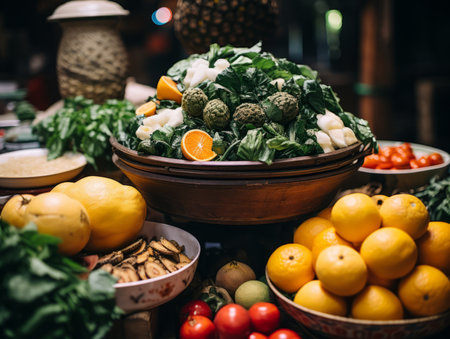 various fruits and vegetables in bowls on a tableの素材