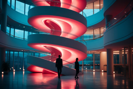 two people standing in front of a spiral staircaseの素材