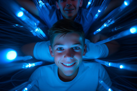 two boys are smiling in front of blue lightsの素材