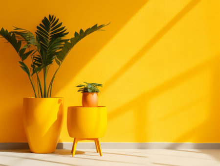 two yellow vases with plants in front of a bright yellow wallの素材